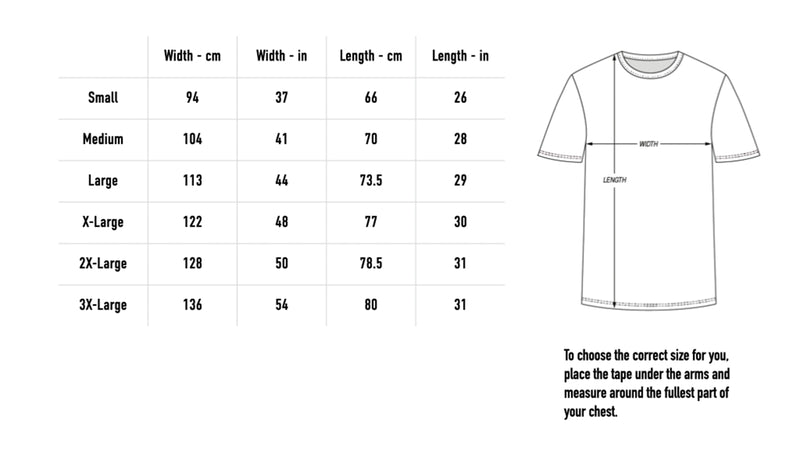 Size chart for ARG Tee