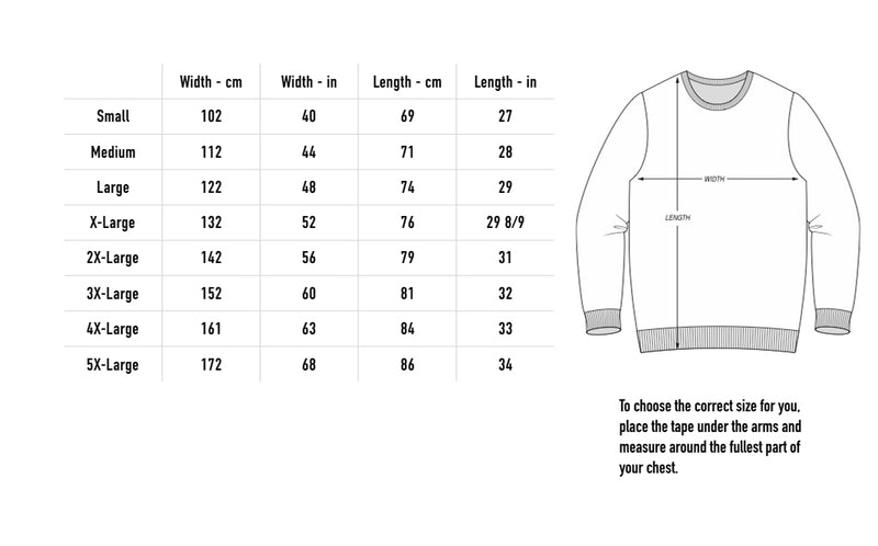 Size chart for 20XX Battle Music Crew Neck