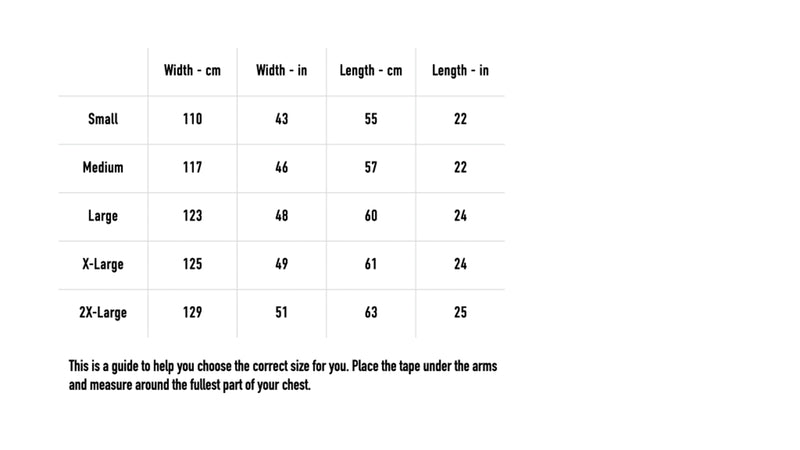 Size chart for MG Ultra Bomber Jacket