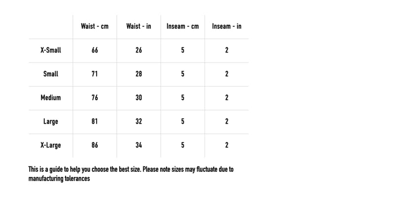 Size chart for Stay Ugly Shorts